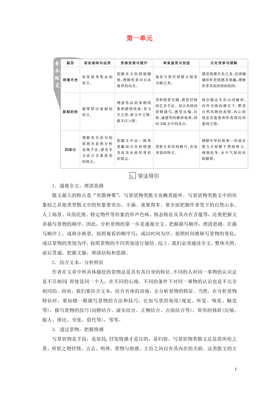 2019-2020高中語文 第一單元 第1課 荷塘月色學案 新人教版必修2_第1頁