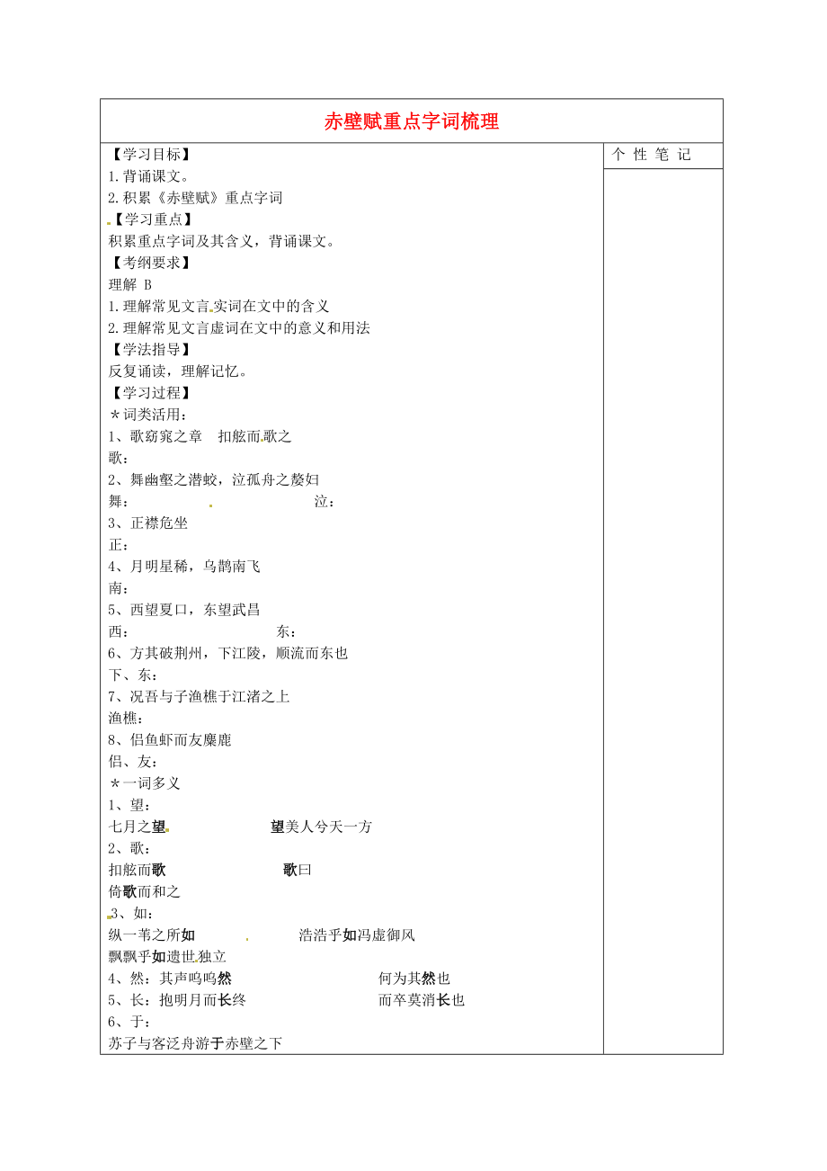 河北省清河揮公實(shí)驗(yàn)中學(xué)語(yǔ)文 第三單元第9課 赤壁賦重點(diǎn)字詞梳理導(dǎo)學(xué)案（無(wú)答案）新人教版必修2_第1頁(yè)