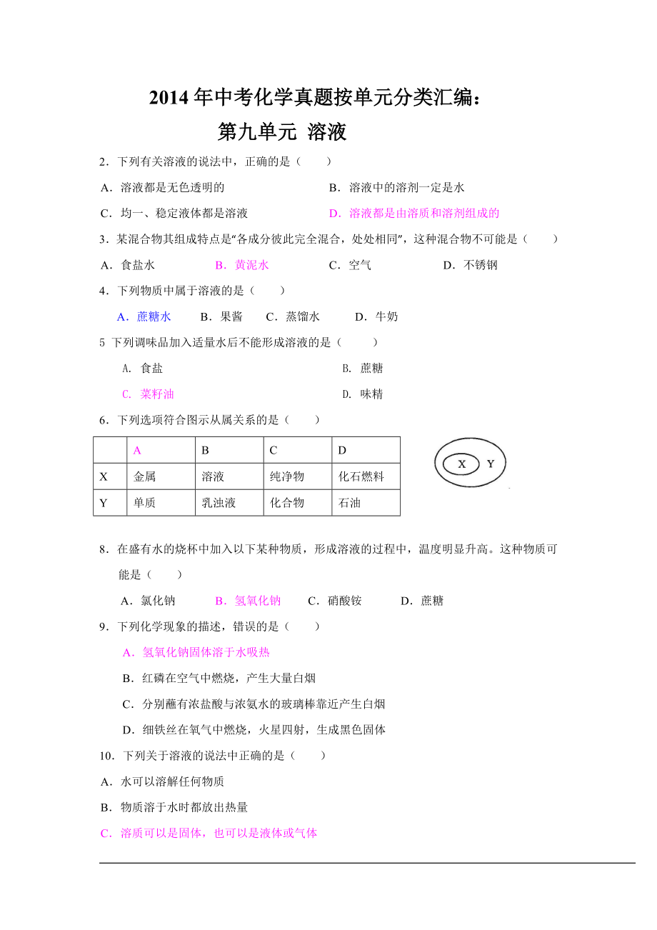 2014年中考化学真题按单元分类汇编：第九单元__溶液1_第1页