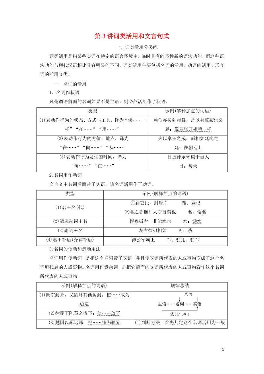 （通用版）2020高考語(yǔ)文一輪復(fù)習(xí) 專題一 文言文閱讀 第二步 第3講 詞類活用和文言句式講義_第1頁(yè)