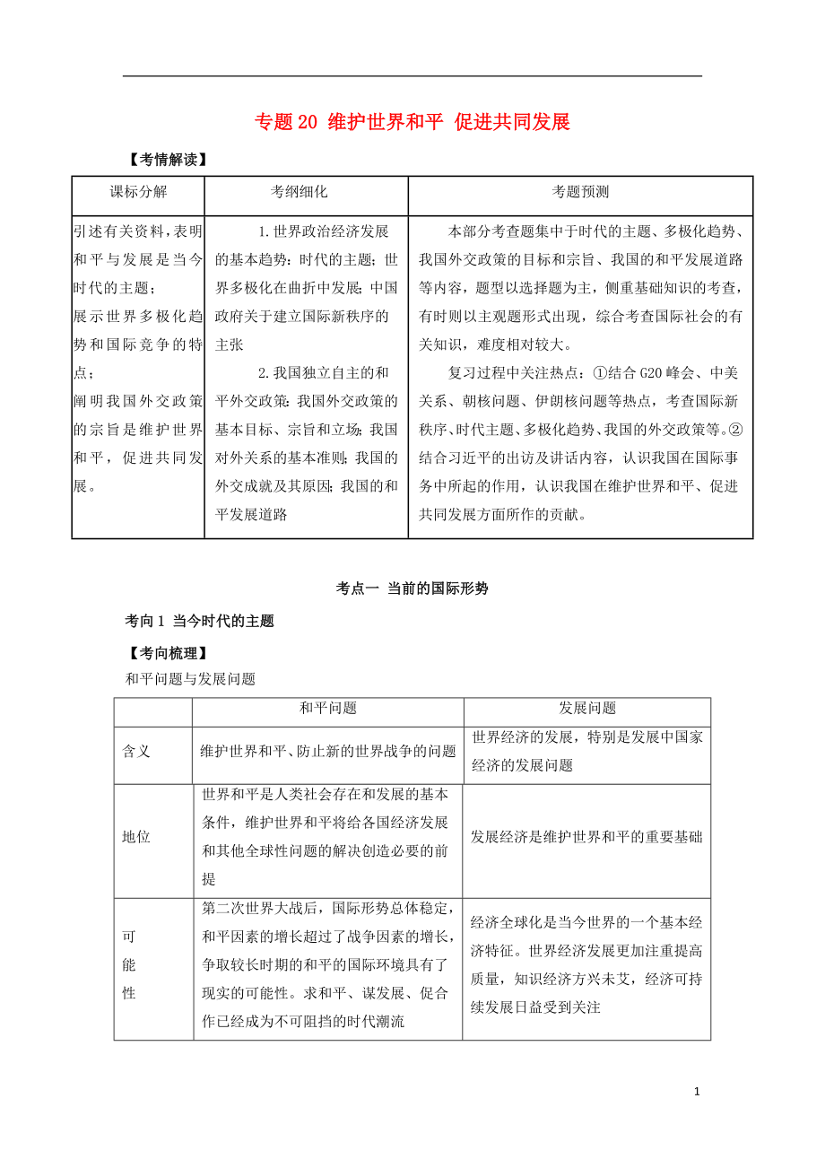 2019年高考政治題典 專題20 維護世界和平 促進共同發(fā)展（含解析）_第1頁