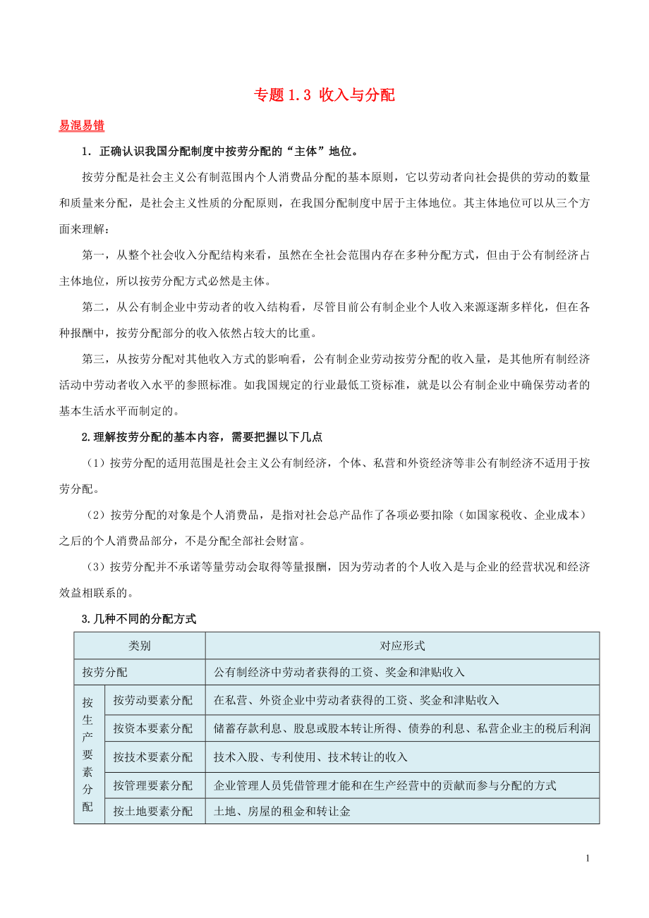 2019年高考政治二輪復(fù)習(xí) 易混易錯點歸納講解 專題1.3 收入與分配_第1頁