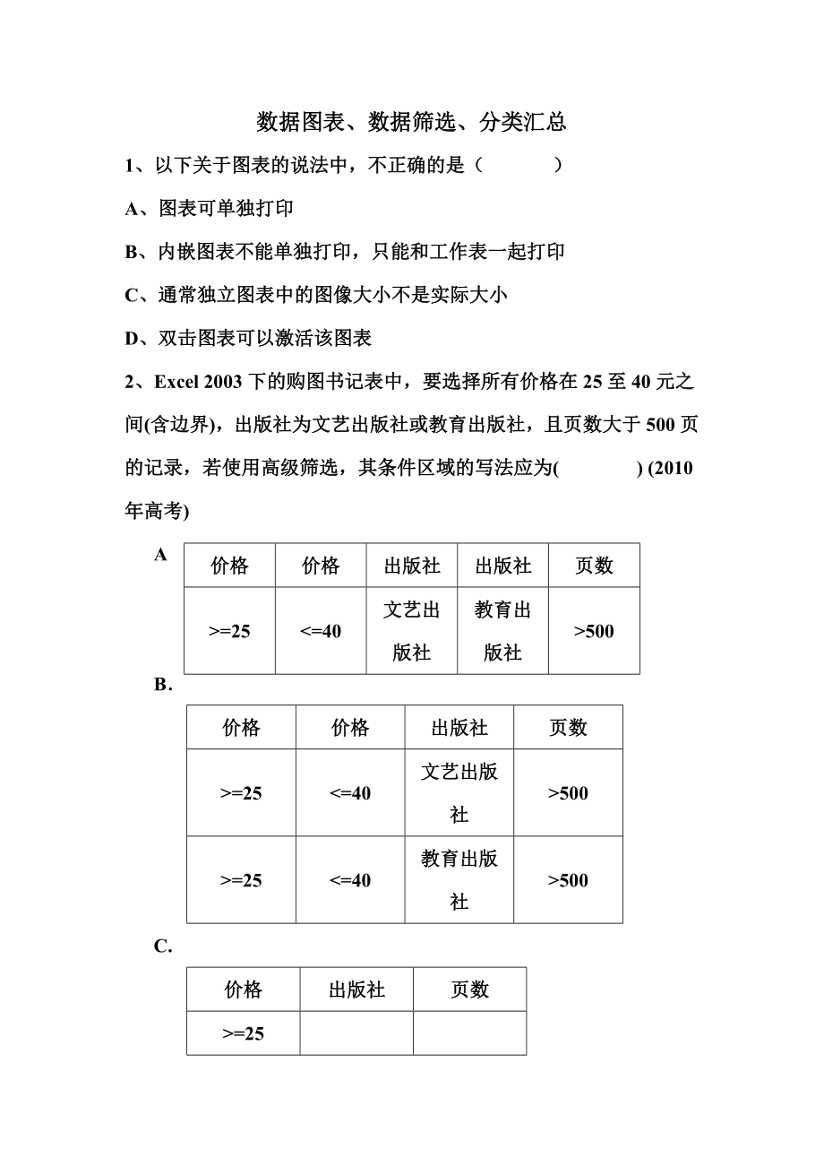 excel数据图表练习题