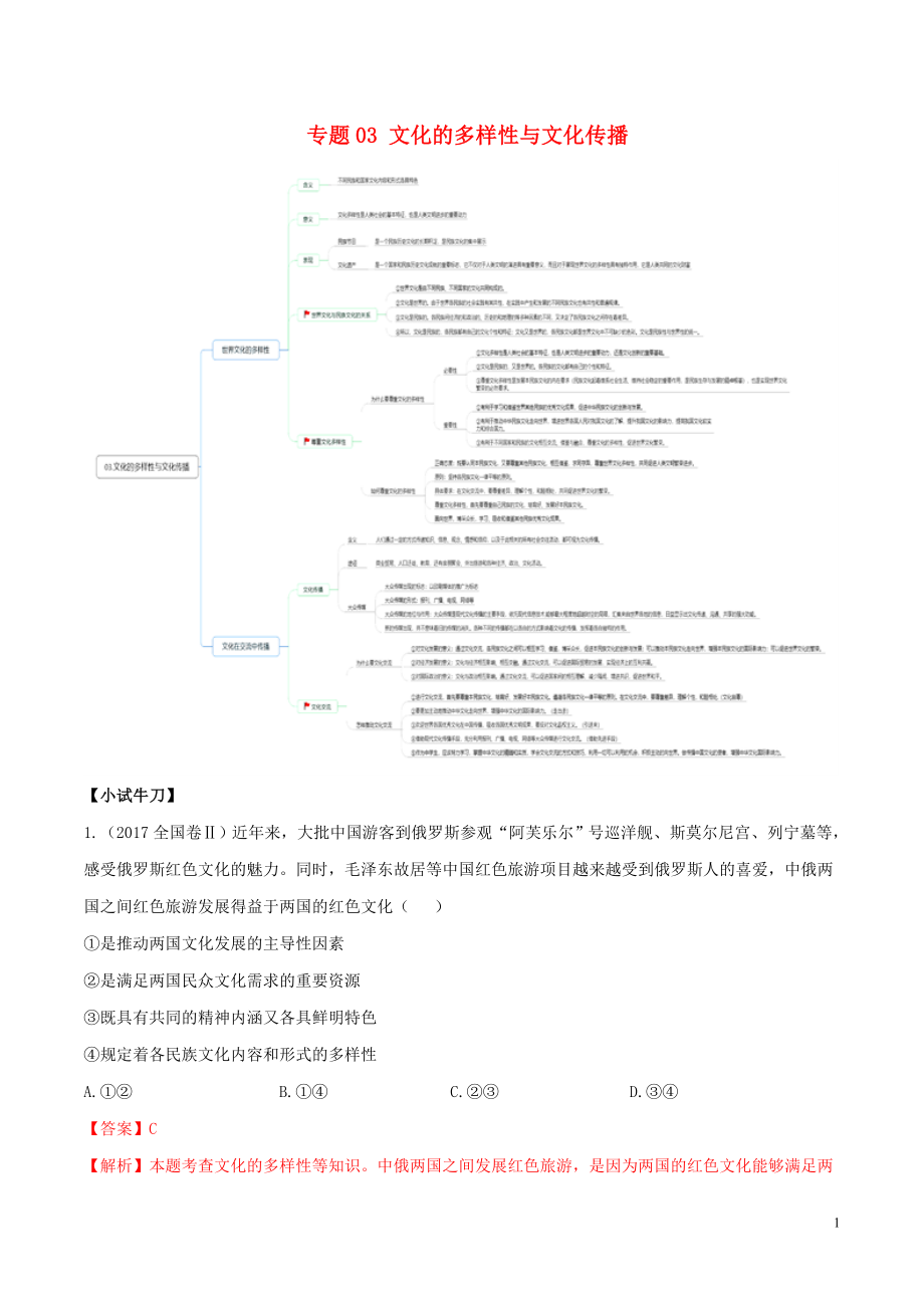 2019年高考政治 之思維導(dǎo)圖助你輕松掌握文化生活 專題03 文化的多樣性與文化傳播（含解析）_第1頁