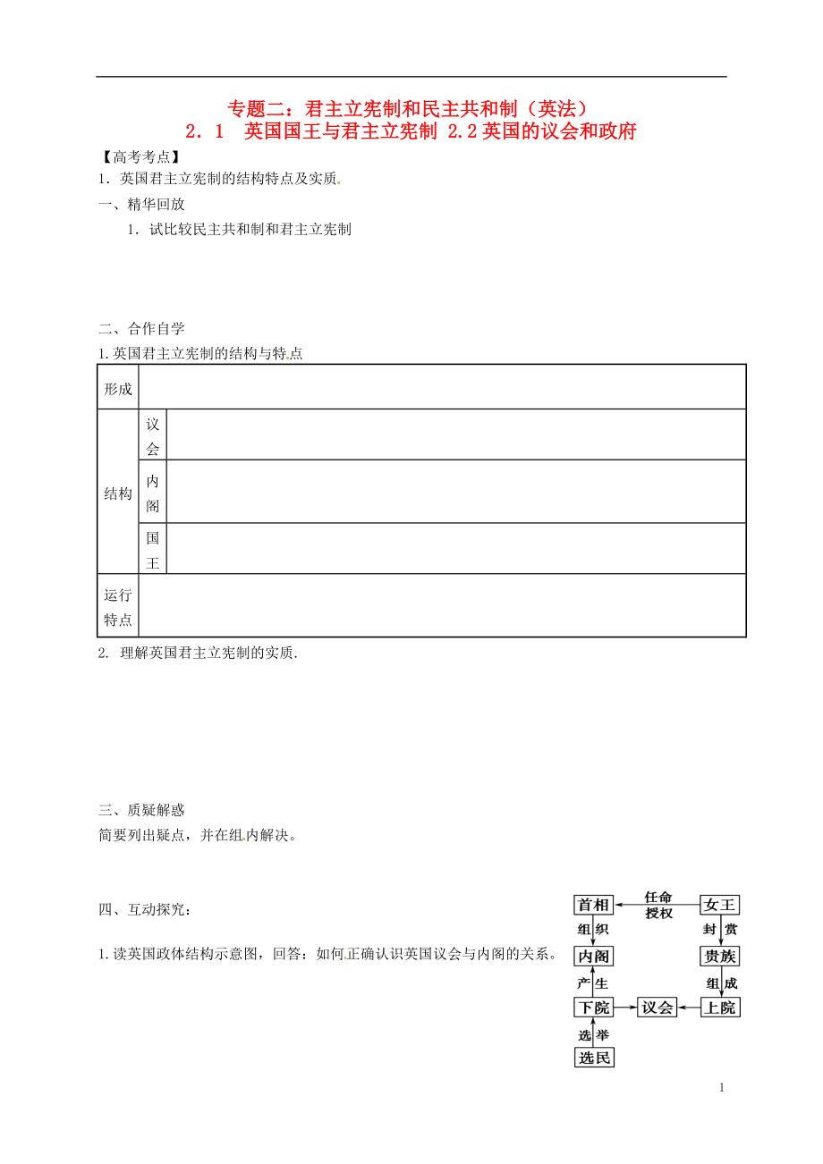 江蘇省贛榆縣高中政治 2.1 英國國王與君主立憲制 2.2 英國的議會和政府學案 新人教版選修3_第1頁