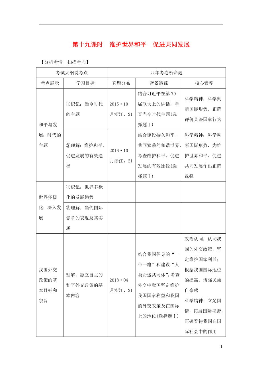 （浙江选考）2020版高考政治一轮复习 政治生活 第四单元 当代国际社会 第十九课时 维护世界和平 促进共同发展讲义_第1页