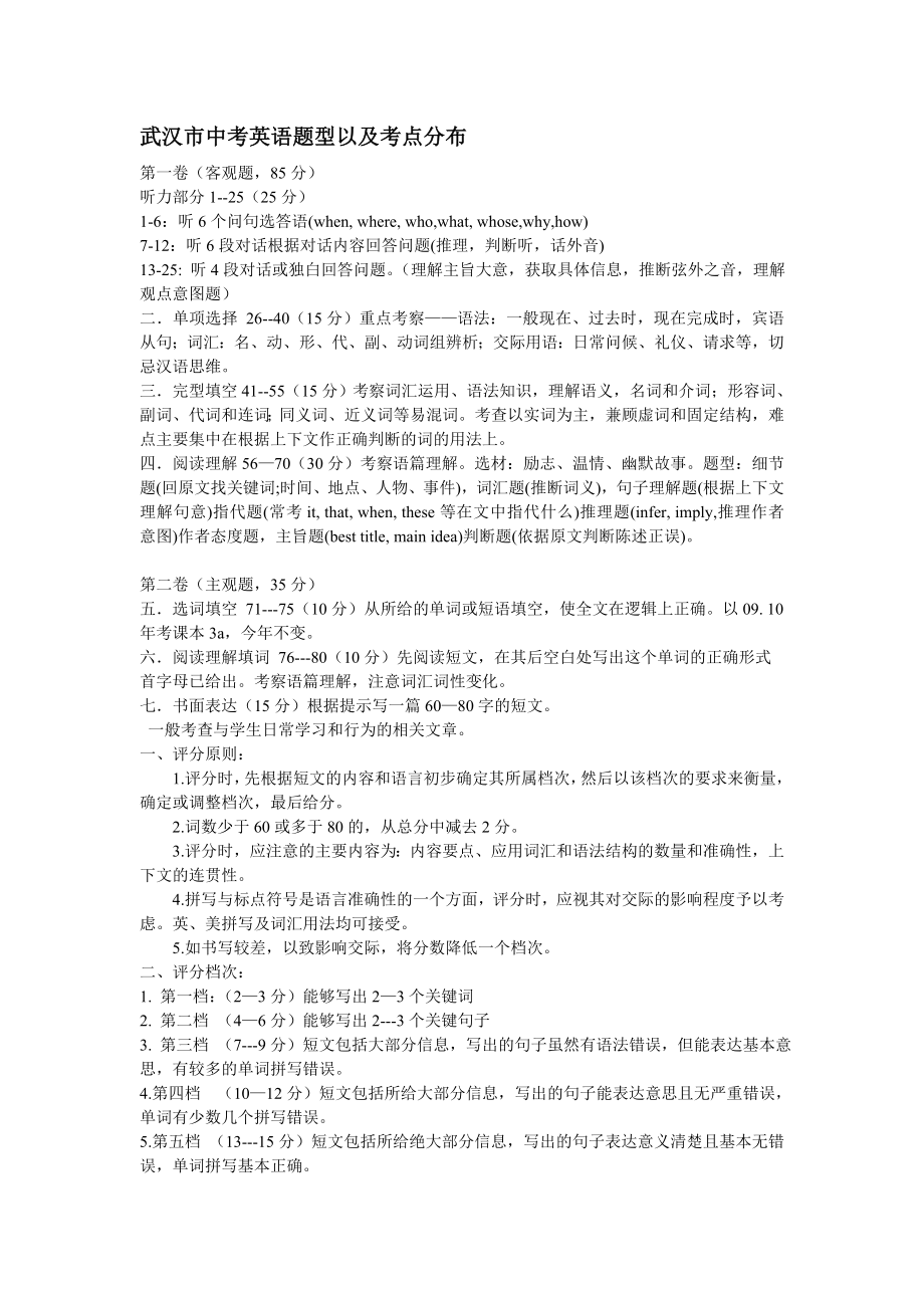 武汉市中考英语题型以及考点分布_第1页