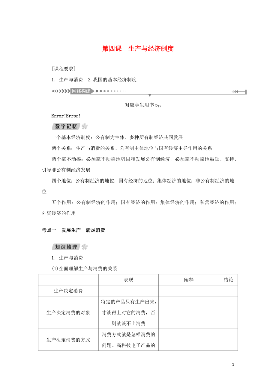 （新課標）2021版高考政治一輪總復習 第二單元 生產(chǎn)、勞動與經(jīng)營 第四課 生產(chǎn)與經(jīng)濟制度導學案 新人教版必修1_第1頁