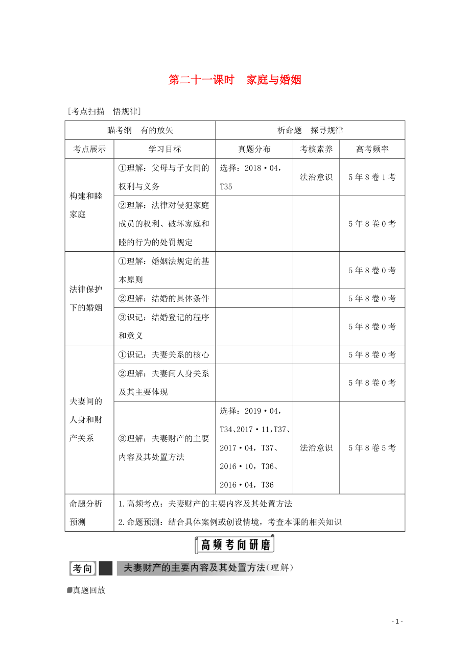 （浙江專用）2020高考政治二輪復(fù)習(xí) 第二十一課時(shí) 家庭與婚姻講義增分練（含解析）_第1頁(yè)