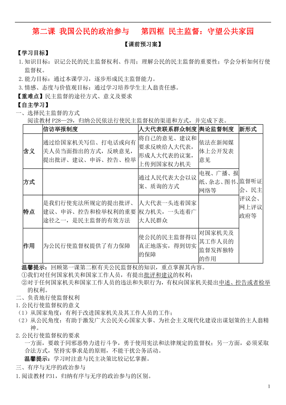 山東省濰坊市昌樂中學高中政治 第二課 第四框 民主監(jiān)督：守望公共家園學案 新人教版必修2_第1頁