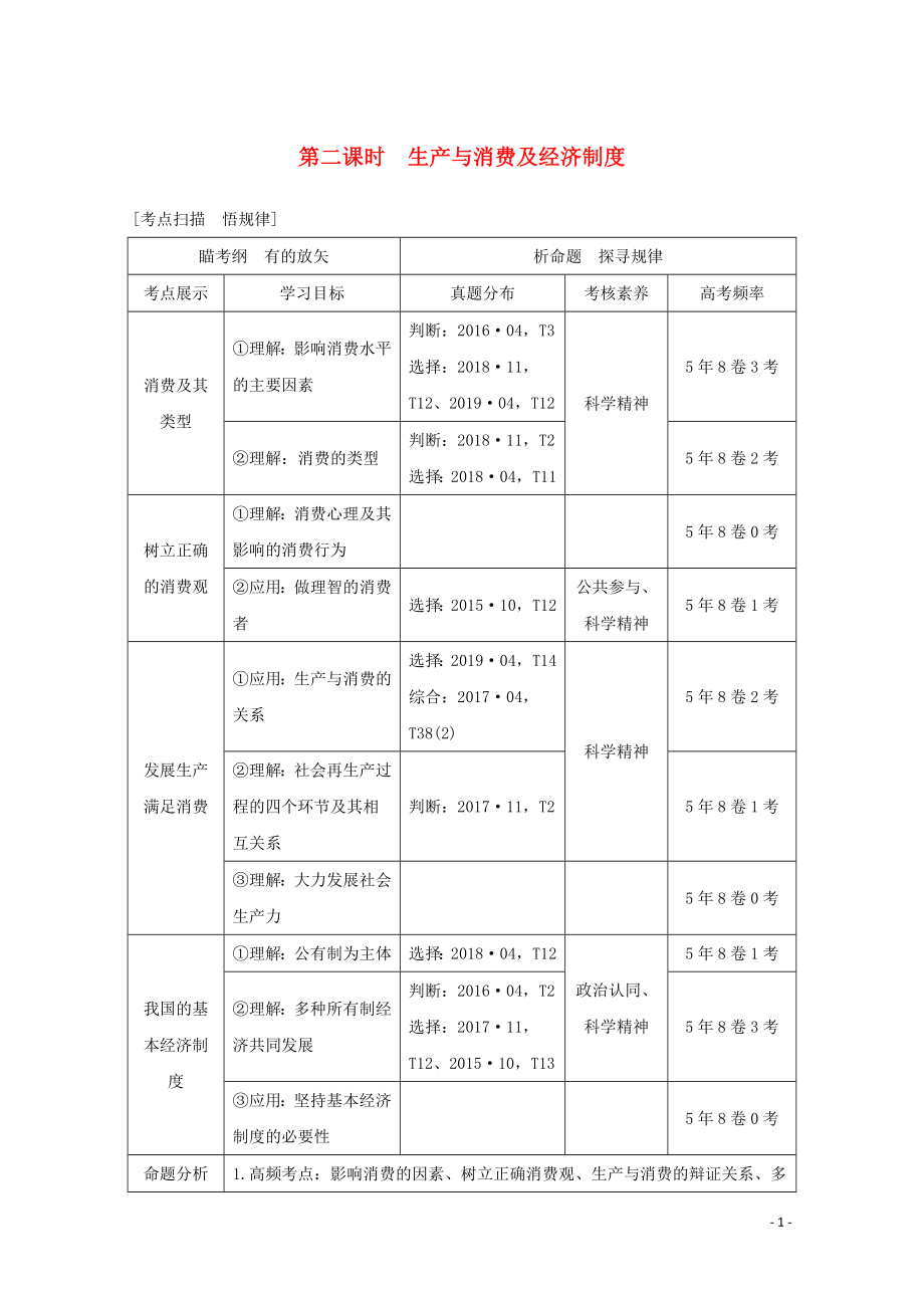 （浙江專用）2020高考政治二輪復(fù)習(xí) 第二課時(shí) 生產(chǎn)與消費(fèi)及經(jīng)濟(jì)制度講義增分練（含解析）_第1頁