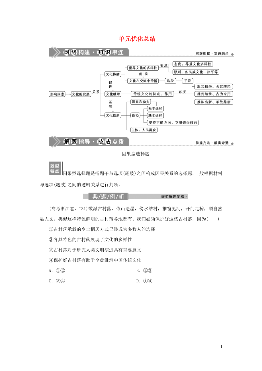 （選考）2021版新高考政治一輪復習 文化生活 第二單元 文化傳承與創(chuàng)新 4 單元優(yōu)化總結教學案_第1頁