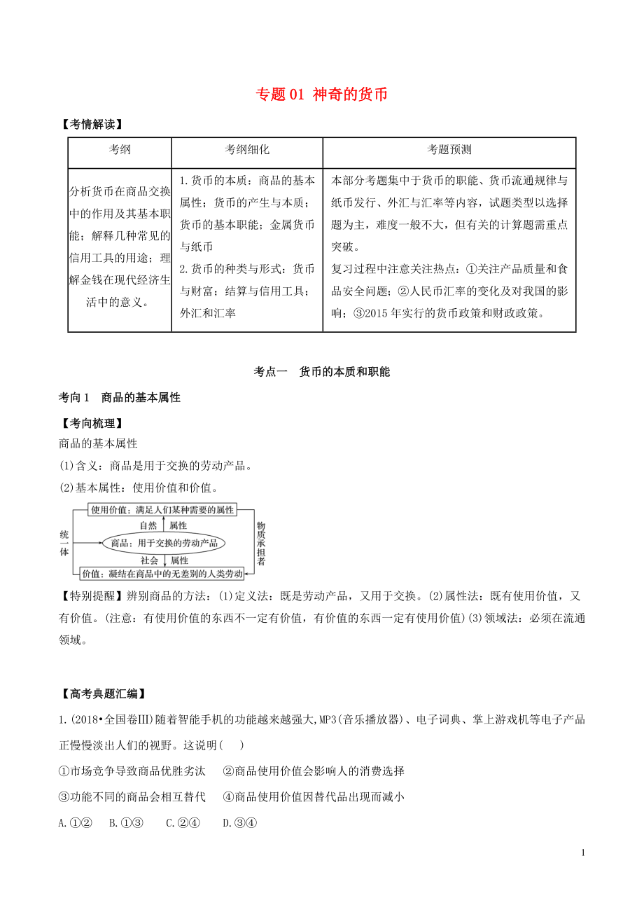 2019年高考政治题典 专题01 神奇的货币（含解析）_第1页