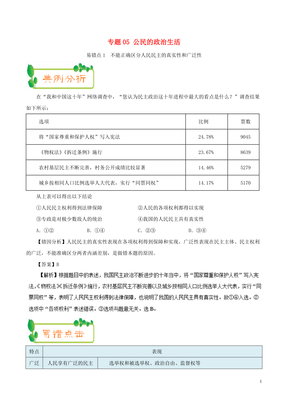 備戰(zhàn)2019年高考政治 糾錯(cuò)筆記系列 專(zhuān)題05 公民的政治生活（含解析）_第1頁(yè)