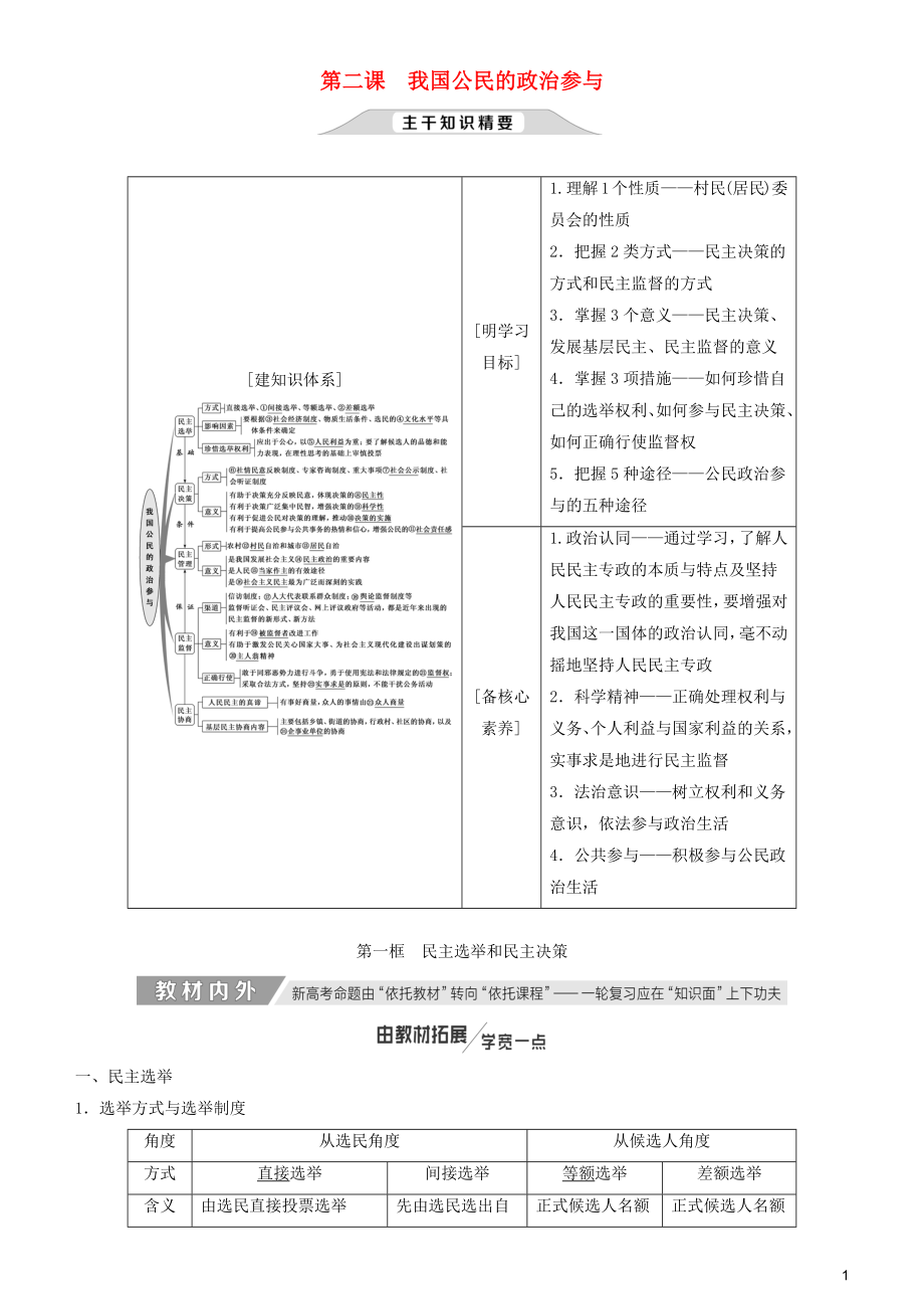 2020高考政治一輪總復習 政治生活 第二課 我國公民的政治參與講義 人教新課標_第1頁