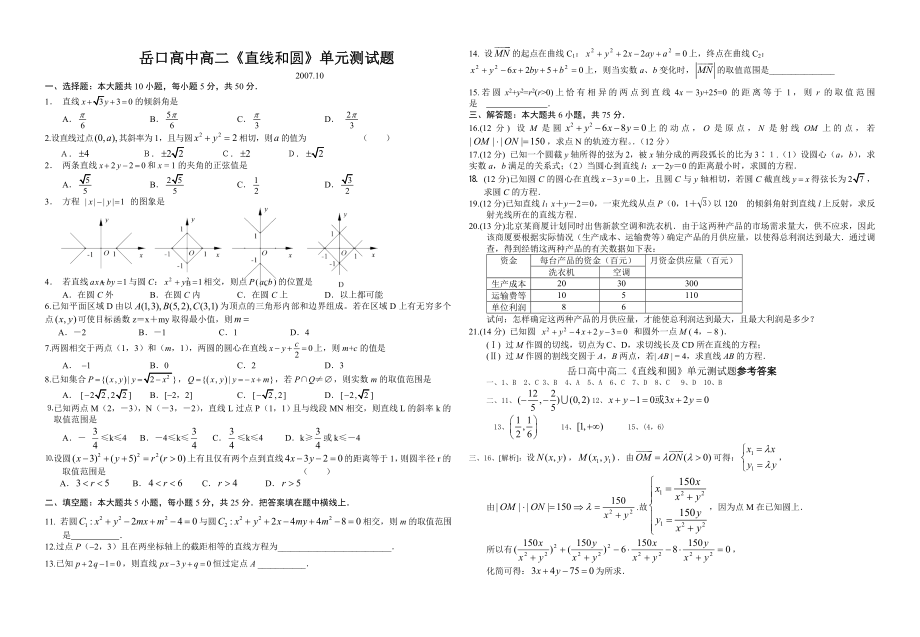 岳口高中高二《直線和圓》單元測試題_第1頁