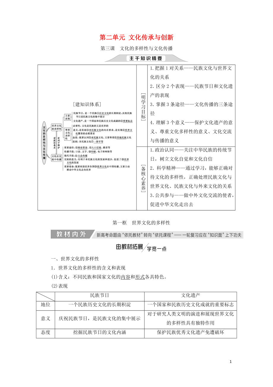 （通用版）2020高考政治新創(chuàng)新一輪復(fù)習(xí) 必修三 第二單元 第三課 文化的多樣性與文化傳播講義_第1頁