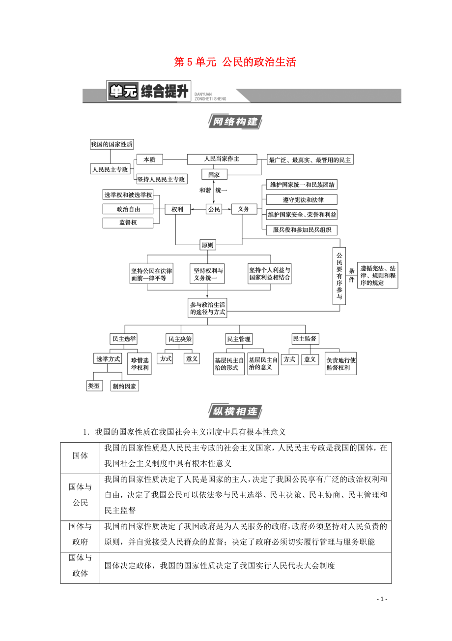 2021高考政治一輪復(fù)習(xí) 第5單元 公民的政治生活單元綜合提升教學(xué)案 新人教版必修2_第1頁