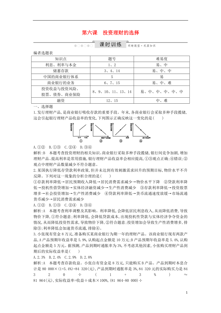 2020版高考政治總復(fù)習(xí) 第二單元 生產(chǎn)勞動與經(jīng)營 第六課 投資理財?shù)倪x擇課時訓(xùn)練 新人教版必修1_第1頁