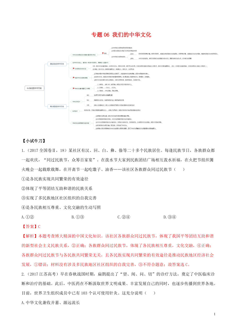 2019年高考政治 之思维导图助你轻松掌握文化生活 专题06 我们的中华文化（含解析）_第1页