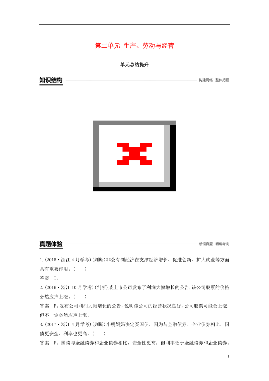 （浙江专版）2018-2019学年高中政治 第二单元 生产、劳动与经营单元总结提升 新人教版必修1_第1页