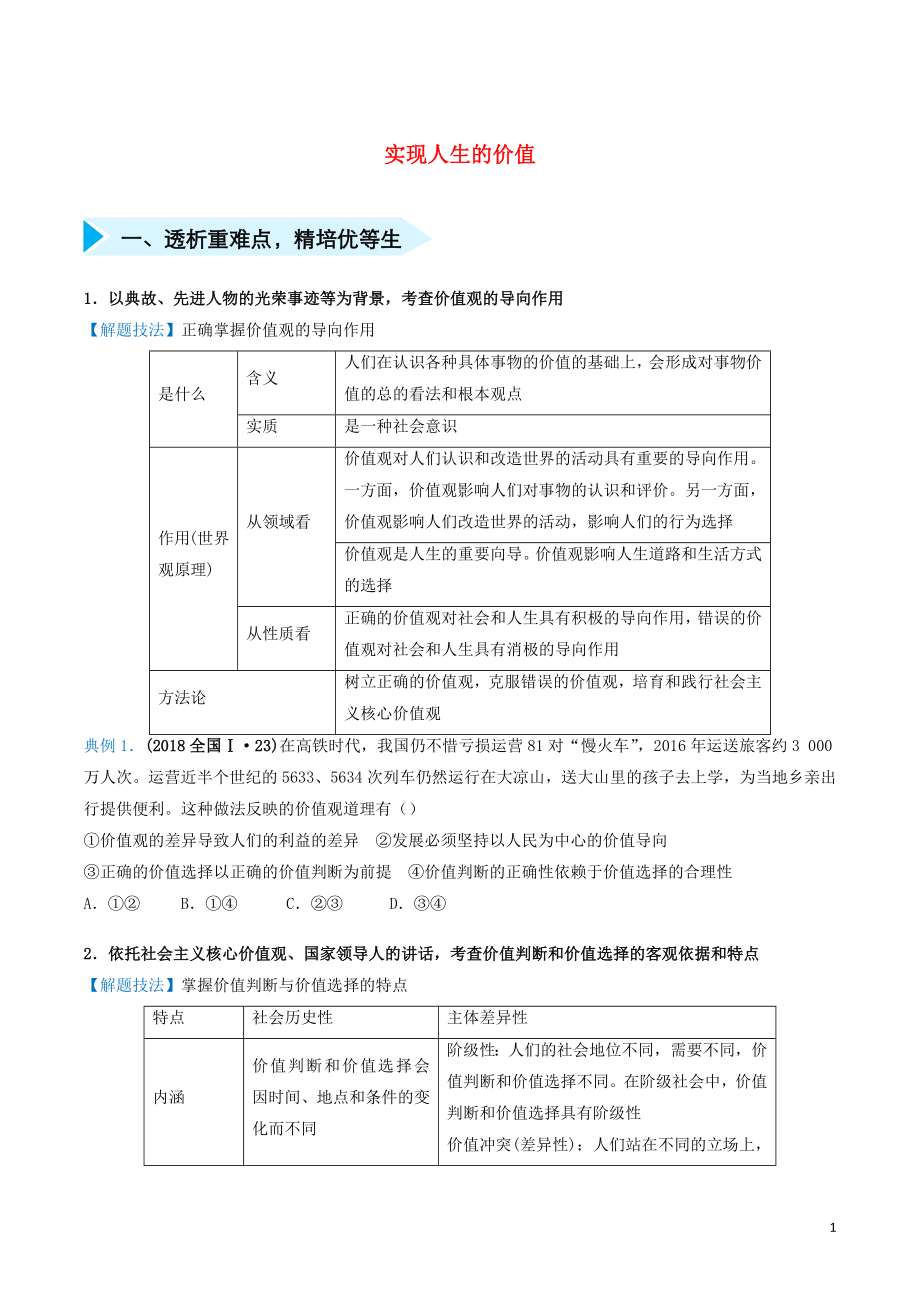 2020屆高三政治 精準(zhǔn)培優(yōu)專練二十一 實(shí)現(xiàn)人生的價(jià)值（含解析）_第1頁(yè)