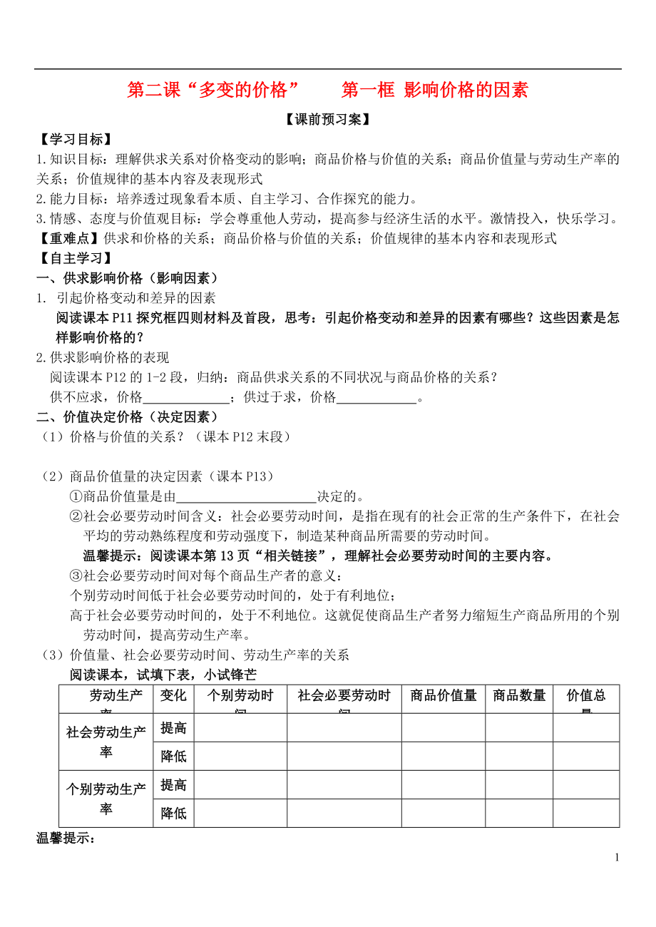 山東省濰坊市昌樂中學(xué)高中政治 第二課 第一框 影響價格的因素學(xué)案 新人教版必修1_第1頁