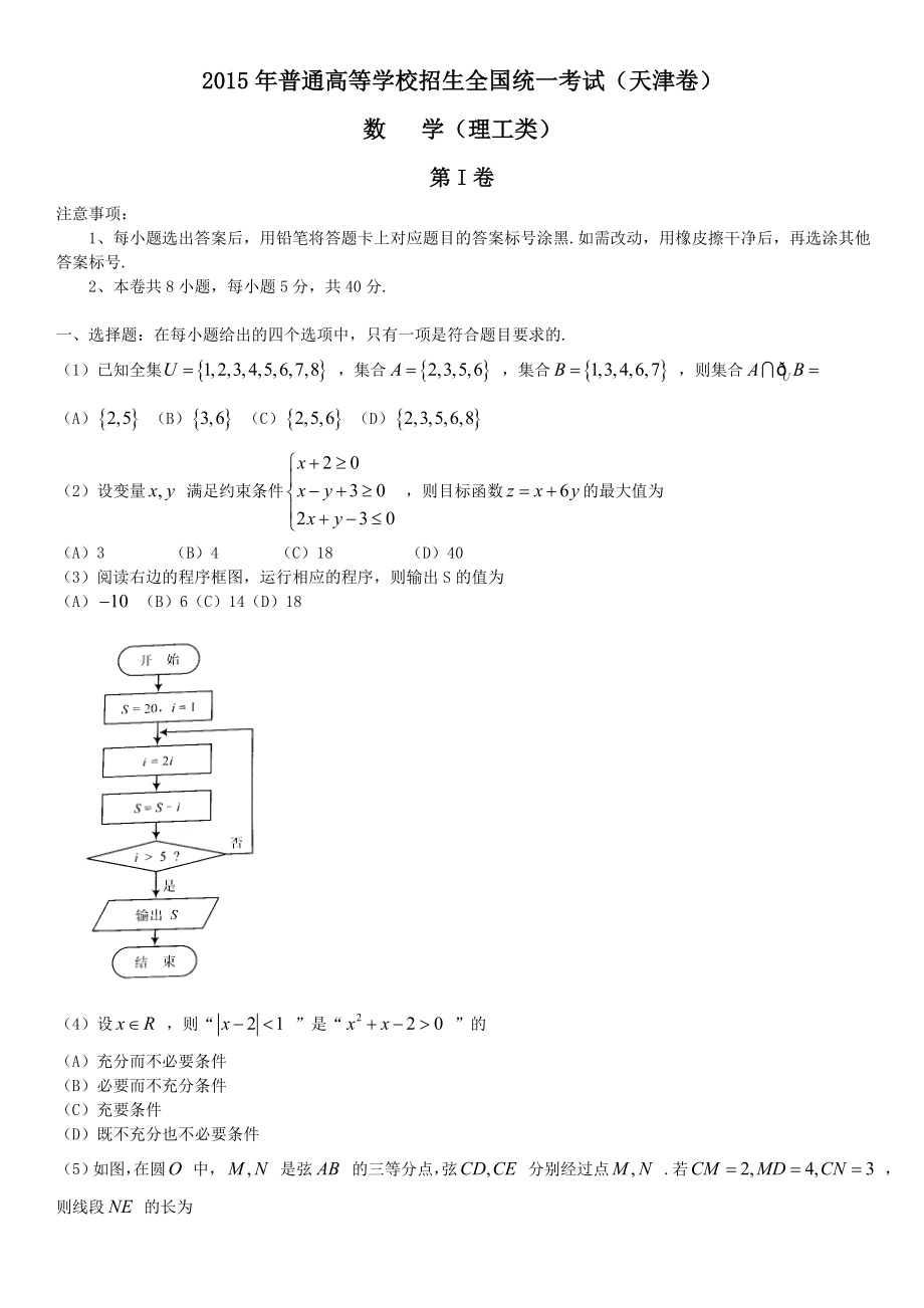 2015年高考理科数学(天津卷)_第1页