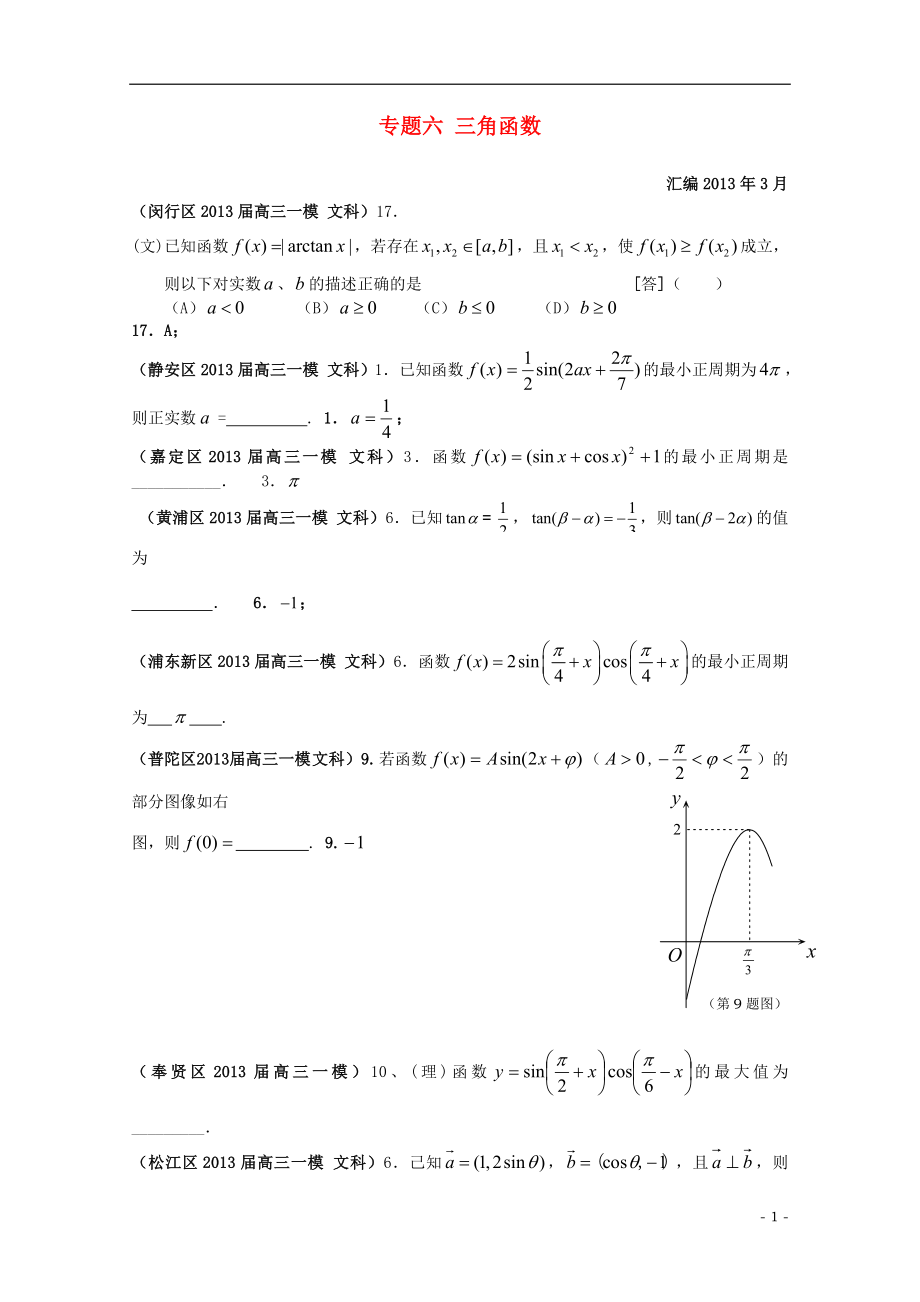 上海市17區(qū)縣2021屆高三數(shù)學(xué)一模分類匯編 專題六 三角函數(shù) 文_第1頁