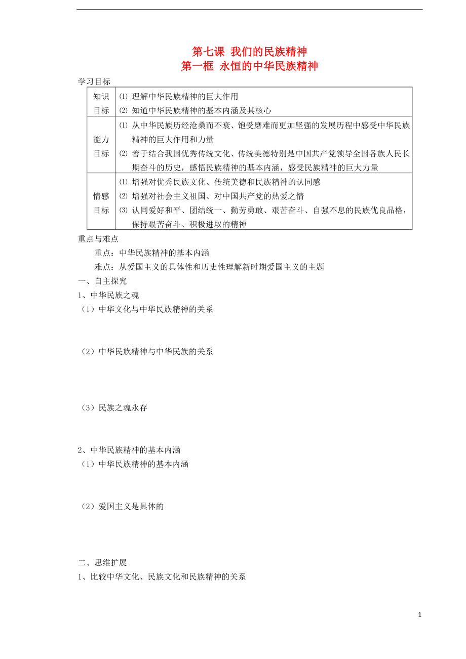 山東省武城縣第二中學(xué)高中政治 7.1永恒的中華民族精神導(dǎo)學(xué)案（無(wú)答案）新人教版必修3_第1頁(yè)