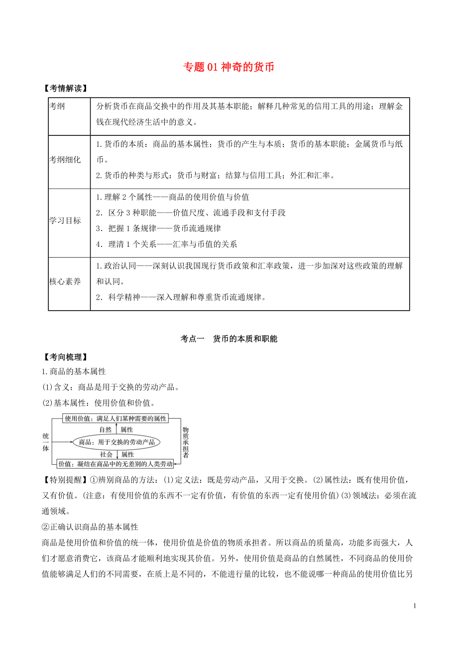 2020年高考政治一輪復(fù)習(xí) 專題01 神奇的貨幣題典（含解析）_第1頁