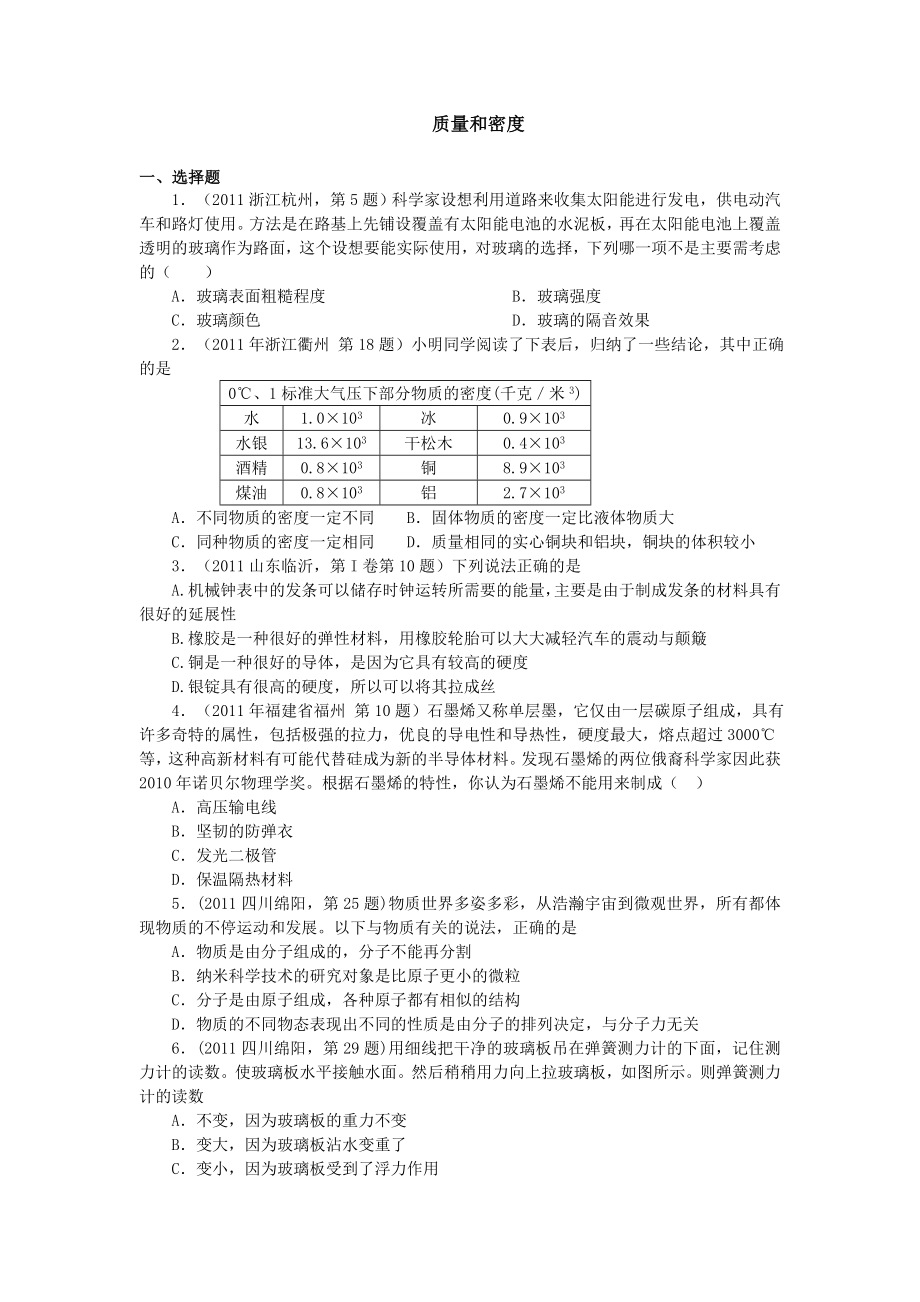 中考物理真題分類匯編(質(zhì)量)_第1頁