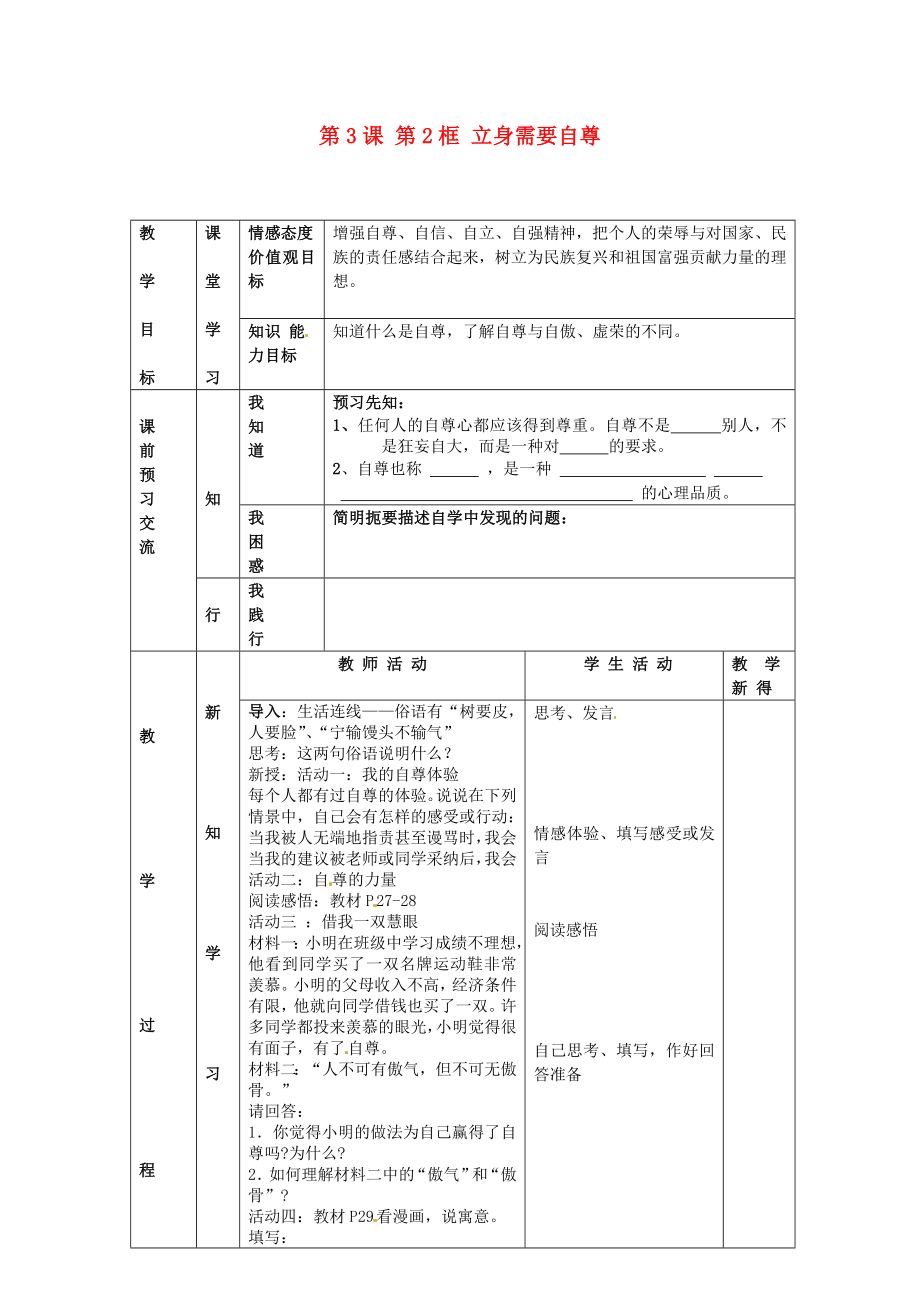 江蘇省大豐市劉莊鎮(zhèn)三圩初級中學(xué)七年級政治上冊第3課第2框立身需要自尊教案蘇教版_第1頁