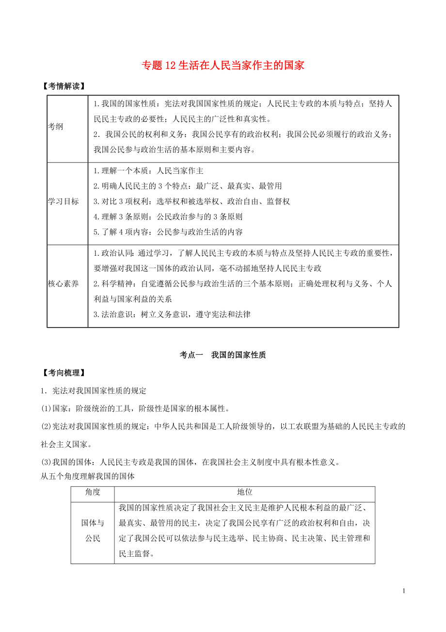 2020年高考政治一輪復(fù)習(xí) 專題12 生活在人民當(dāng)家作主的國(guó)家題典（含解析）_第1頁(yè)