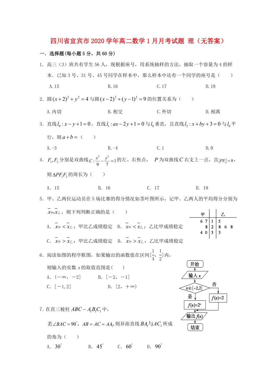 四川省宜宾市高二数学1月月考试题理无答案_第1页