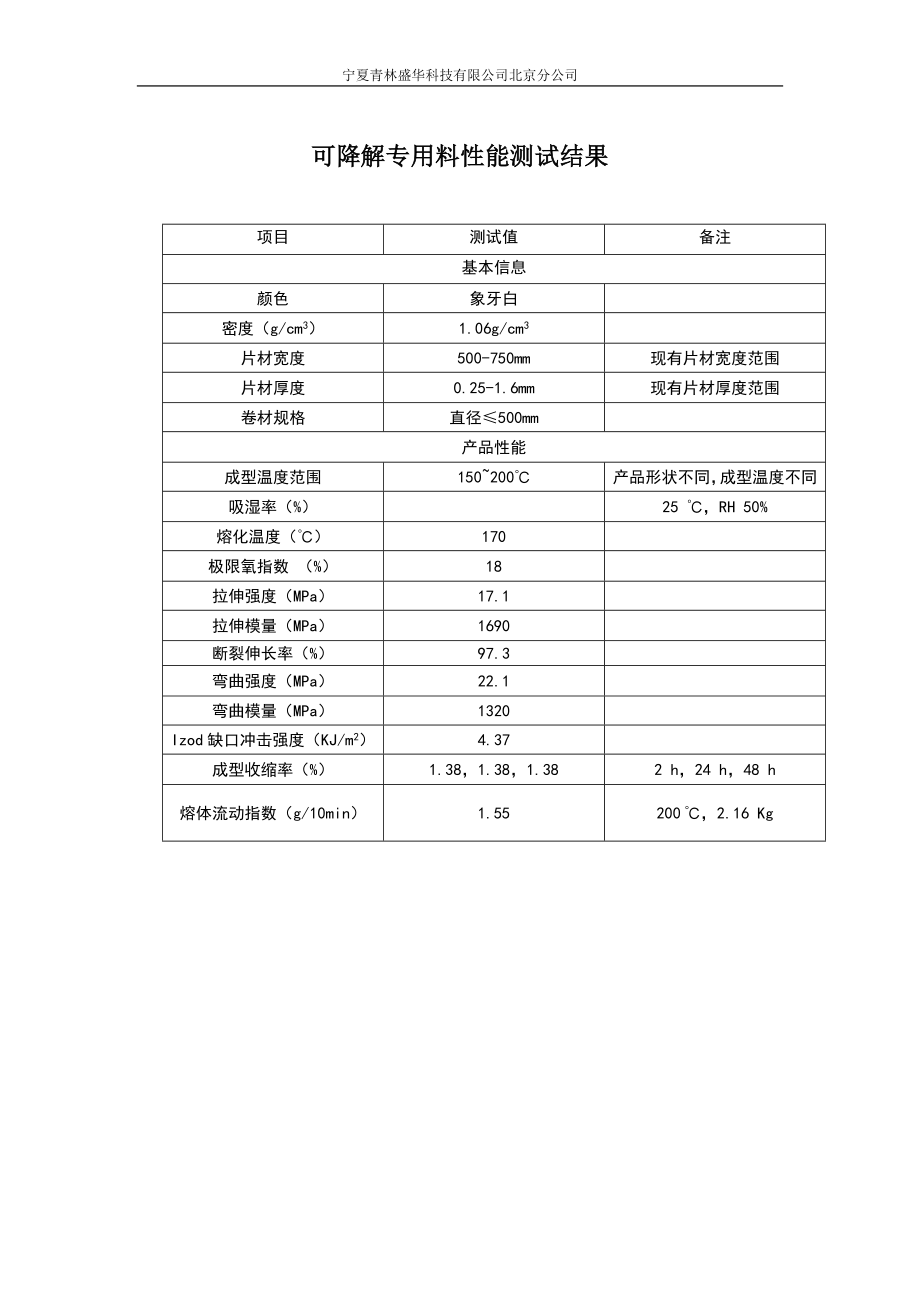 可降解专用料性能测试结果_第1页