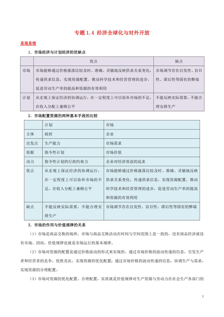 2019年高考政治二輪復習 易混易錯點歸納講解 專題1.4 經(jīng)濟全球化與對外開放_第1頁