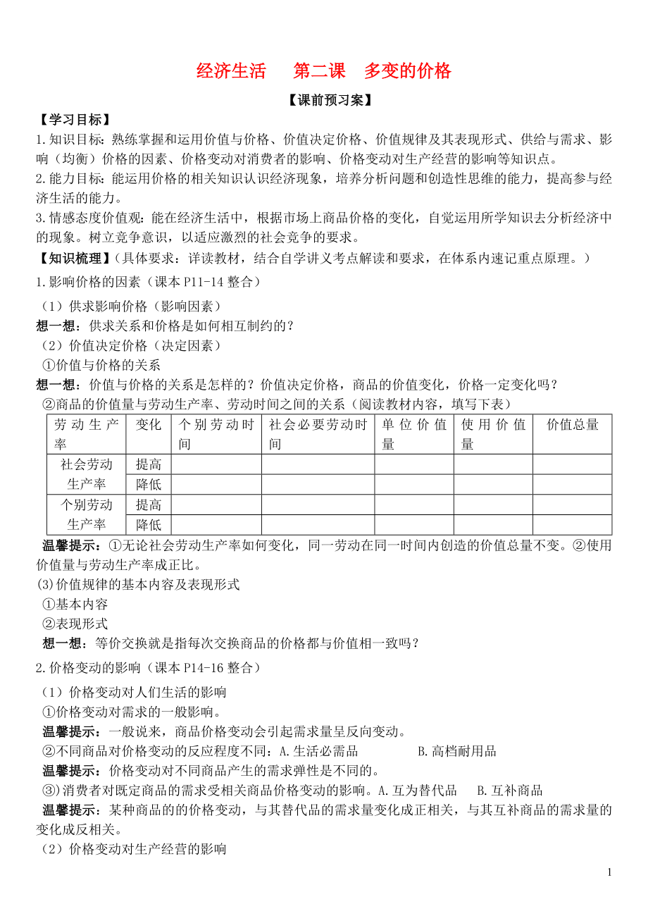 山東省濰坊市昌樂中學(xué)2016屆高三政治 經(jīng)濟(jì)生活 第2課 多變的價(jià)格學(xué)案_第1頁