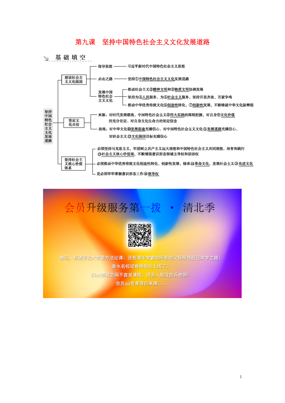 （廣東專用）2021版新高考政治一輪復(fù)習(xí) 文化生活 第四單元 發(fā)展中國(guó)特色社會(huì)主義文化 第九課 堅(jiān)持中國(guó)特色社會(huì)主義文化發(fā)展道路基礎(chǔ)填空 新人教版_第1頁(yè)