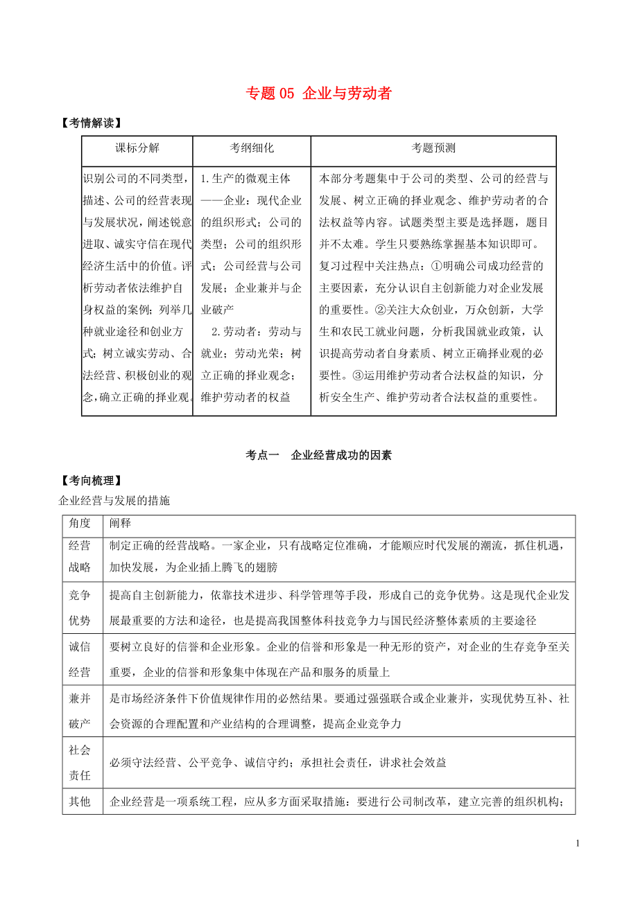 2019年高考政治題典 專(zhuān)題05 企業(yè)與勞動(dòng)者（含解析）_第1頁(yè)