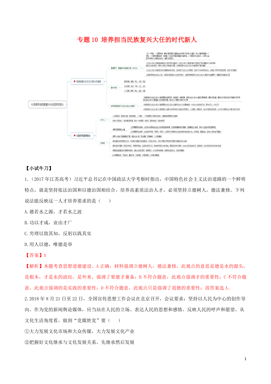 2019年高考政治 之思维导图助你轻松掌握文化生活 专题10 培养担当民族复兴大任的时代新人（含解析）_第1页