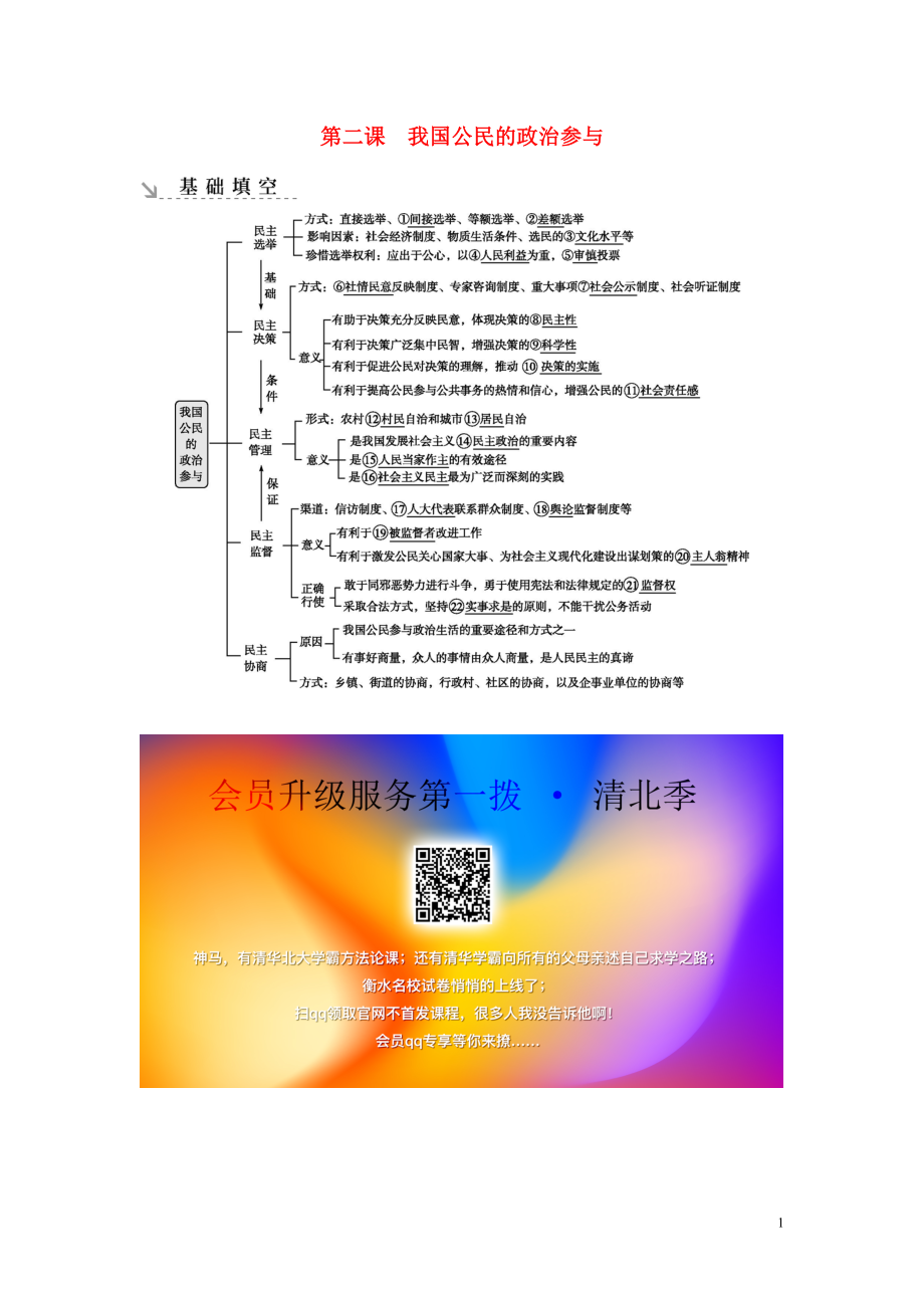 （廣東專用）2021版新高考政治一輪復(fù)習(xí) 政治生活 第一單元 公民的政治生活 第二課 我國公民的政治參與基礎(chǔ)填空 新人教版_第1頁