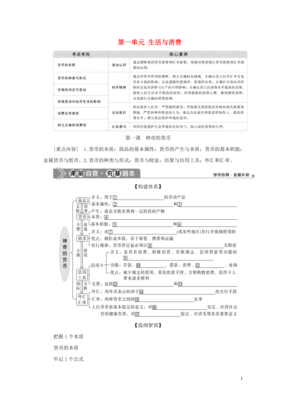 （選考）2021版新高考政治一輪復習 經(jīng)濟生活 第一單元 生活與消費 1 第一課 神奇的貨幣教學案_第1頁