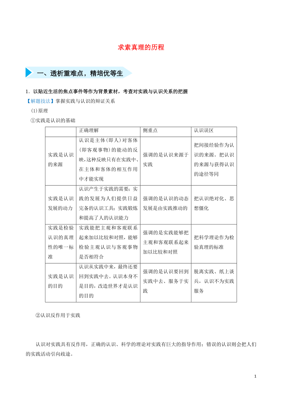 2020届高三政治 精准培优专练十七 求索真理的历程（含解析）_第1页