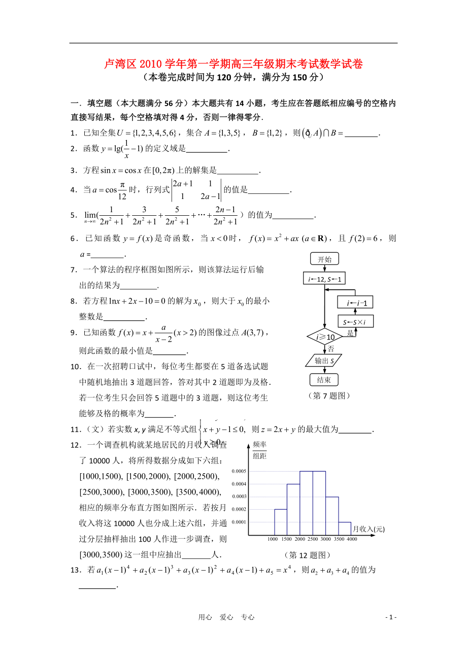 上海市卢湾区2021届高三数学上学期期末考试 文_第1页