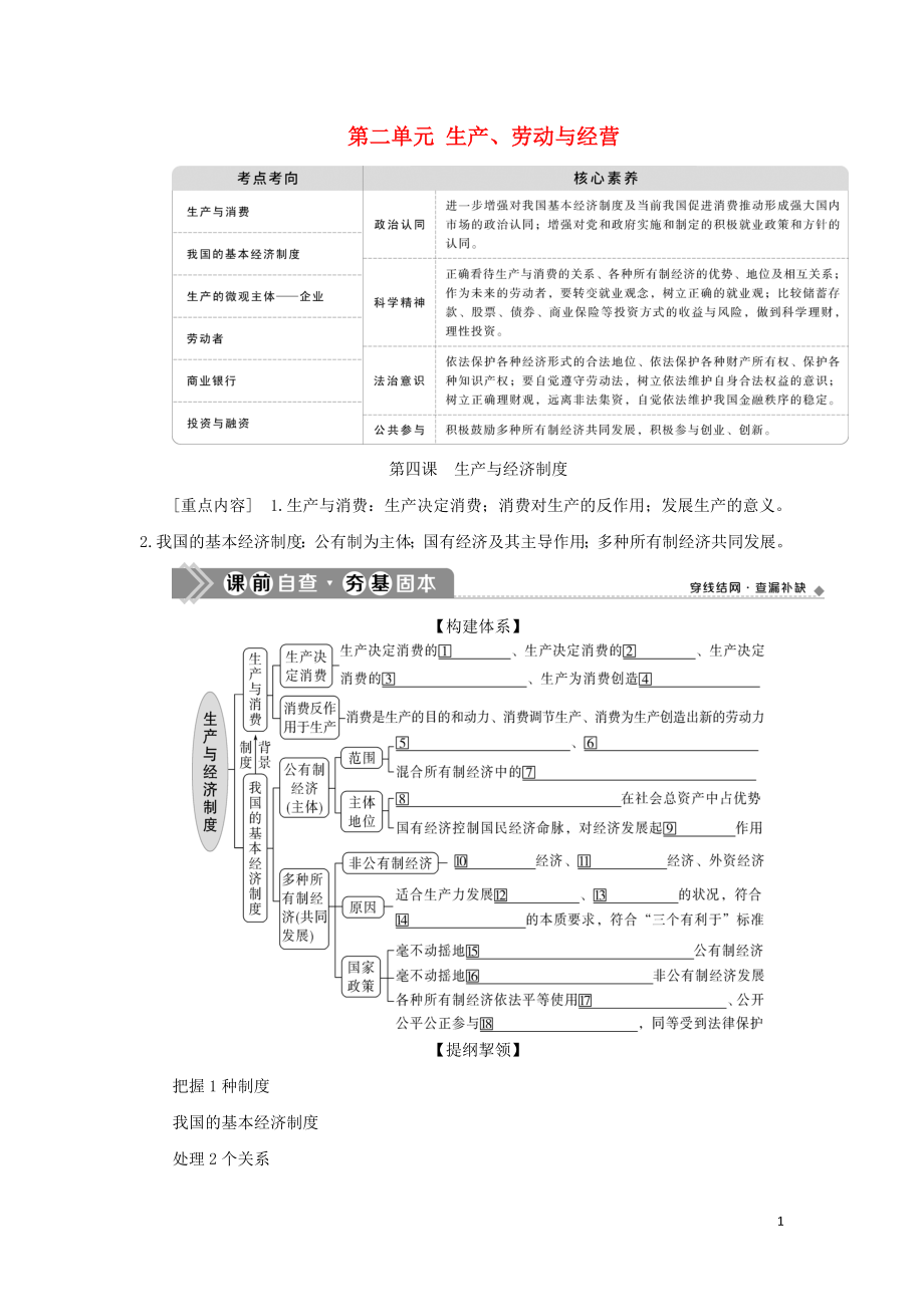 （選考）2021版新高考政治一輪復(fù)習(xí) 經(jīng)濟(jì)生活 第二單元 生產(chǎn)、勞動與經(jīng)營 1 第四課 生產(chǎn)與經(jīng)濟(jì)制度教學(xué)案_第1頁