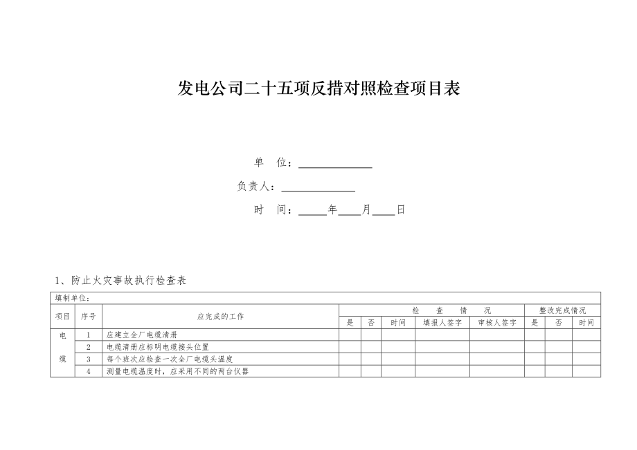 某发电公司二十五项反措对照检查项目表_第1页