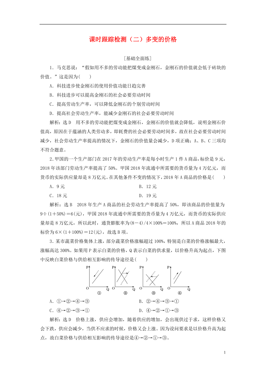 （全國通用版）2019版高考政治一輪復(fù)習(xí) 課時跟蹤檢測（二）第一單元 生活與消費 第二課 多變的價格 新人教版必修1_第1頁