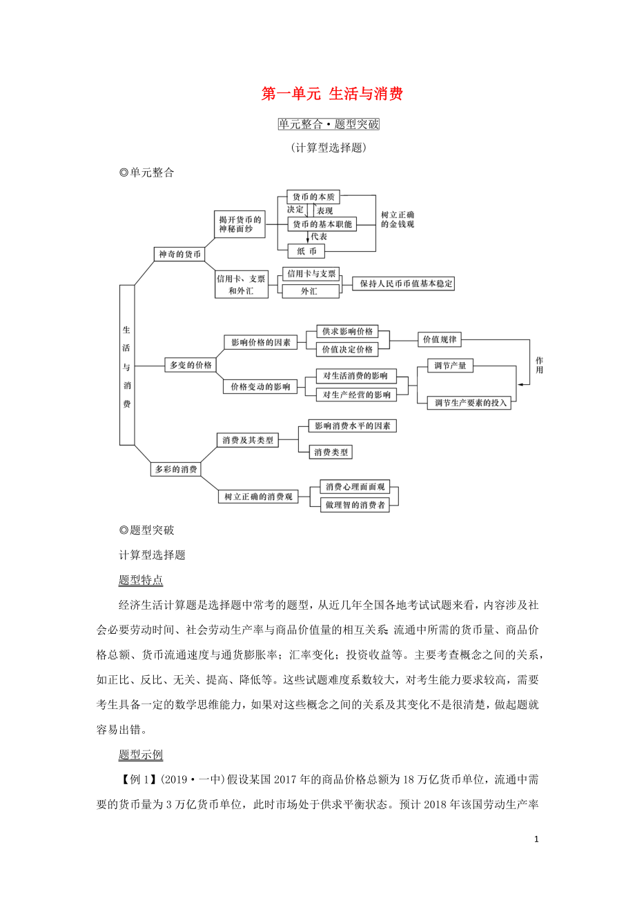 （新課標(biāo)）2021版高考政治一輪總復(fù)習(xí) 第一單元 生活與消費(fèi)單元整合題型突破導(dǎo)學(xué)案 新人教版必修1_第1頁