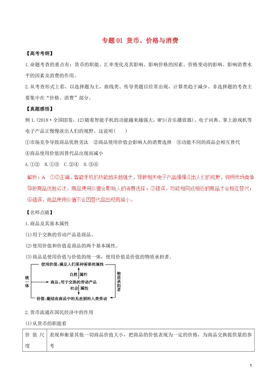 2019年高考政治黃金押題 專題01 貨幣、價格與消費_第1頁